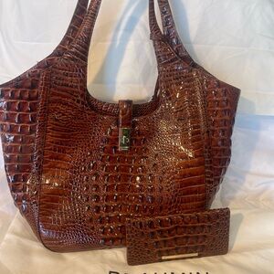 Elegant Brown Crocodile-Embossed Women's Bag with Matching Wallet